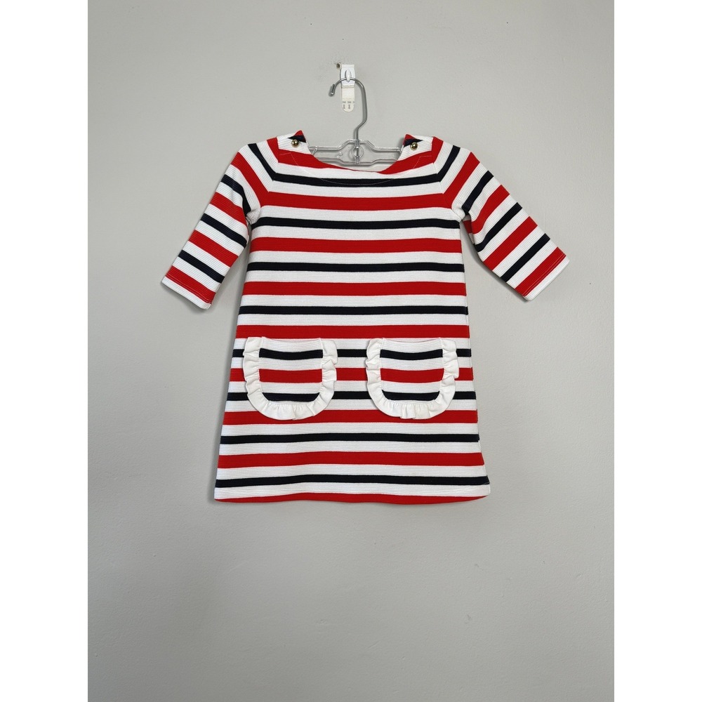 Janie and Jack Knit Dress Girls 4 Red White Blue Nautical Striped Ruffle Pockets
